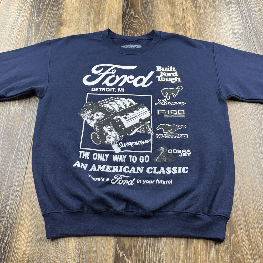 Ford Sweatshirt Mens M Blue Truck Bronco Mustang Cobra Engine Racing Sweater - Picture 3 of 11